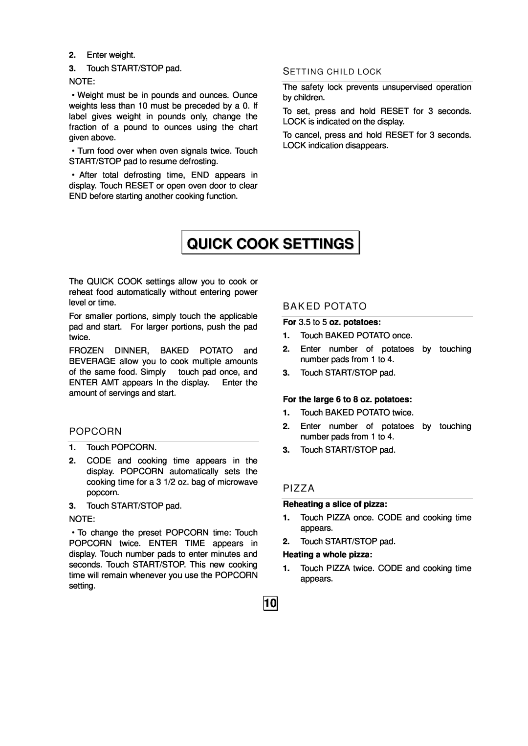 Sunbeam SMW992 owner manual Quick Cook Settings, Popcorn, Baked Potato, Pizza 