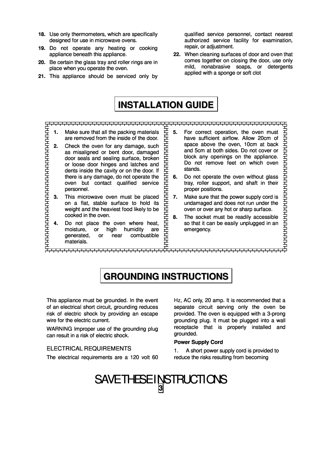 Sunbeam SMW992 owner manual Installation Guide, Grounding Instructions, Save These Instructions, Electrical Requirements 