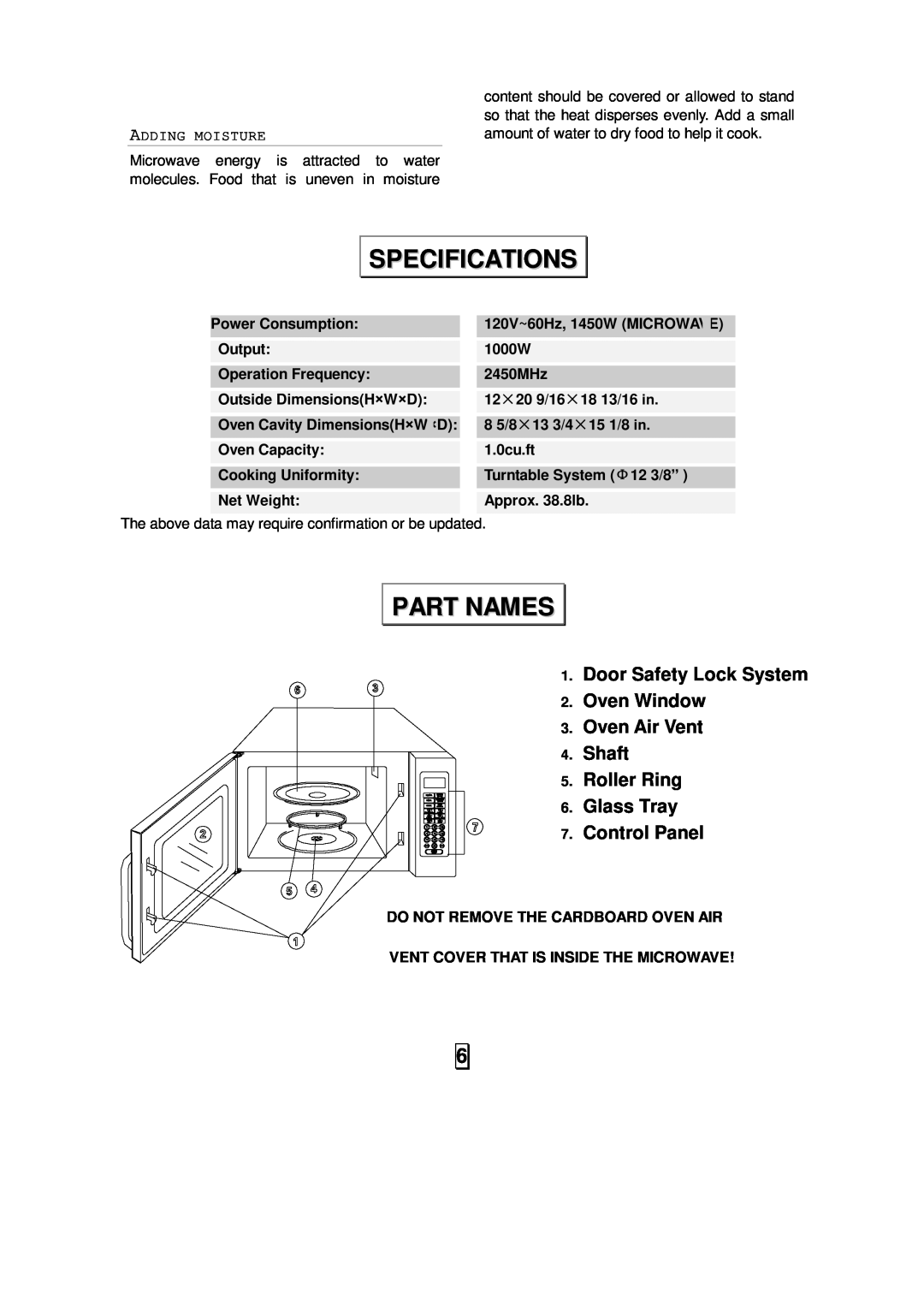 Sunbeam SMW992 Specifications, Part Names, Door Safety Lock System 2. Oven Window, Oven Air Vent 4. Shaft 5. Roller Ring 