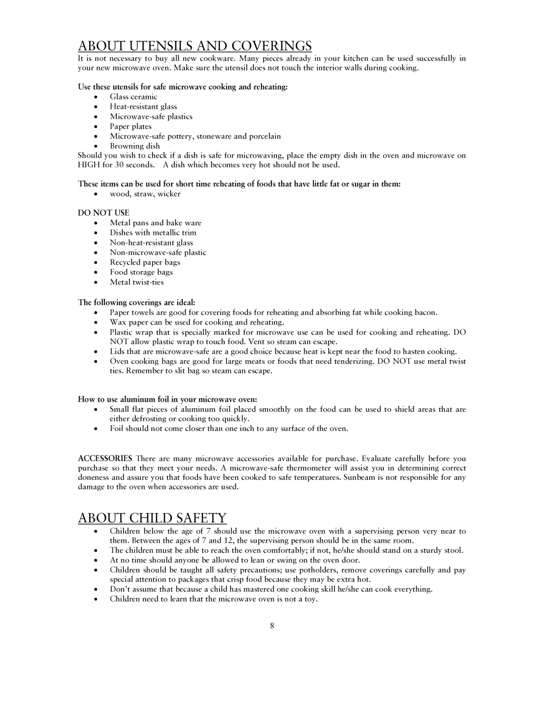 Sunbeam SNM1501RAX user manual About Utensils and Coverings, About Child Safety 