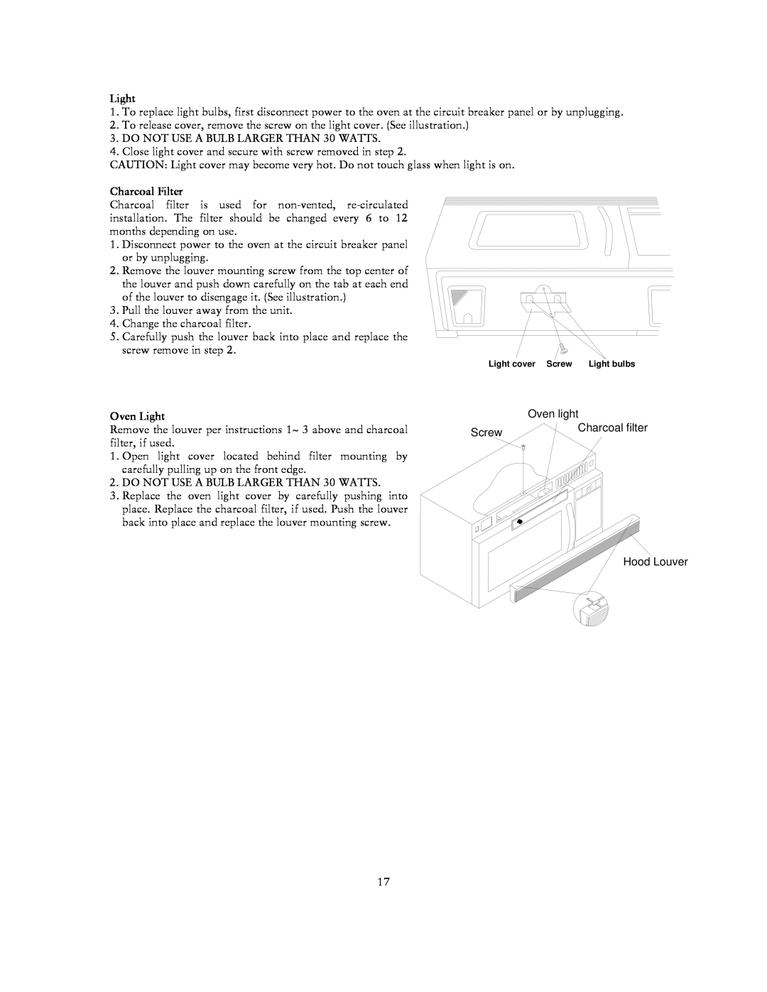 Sunbeam SNM1501RAX user manual Charcoal Filter, Oven Light 
