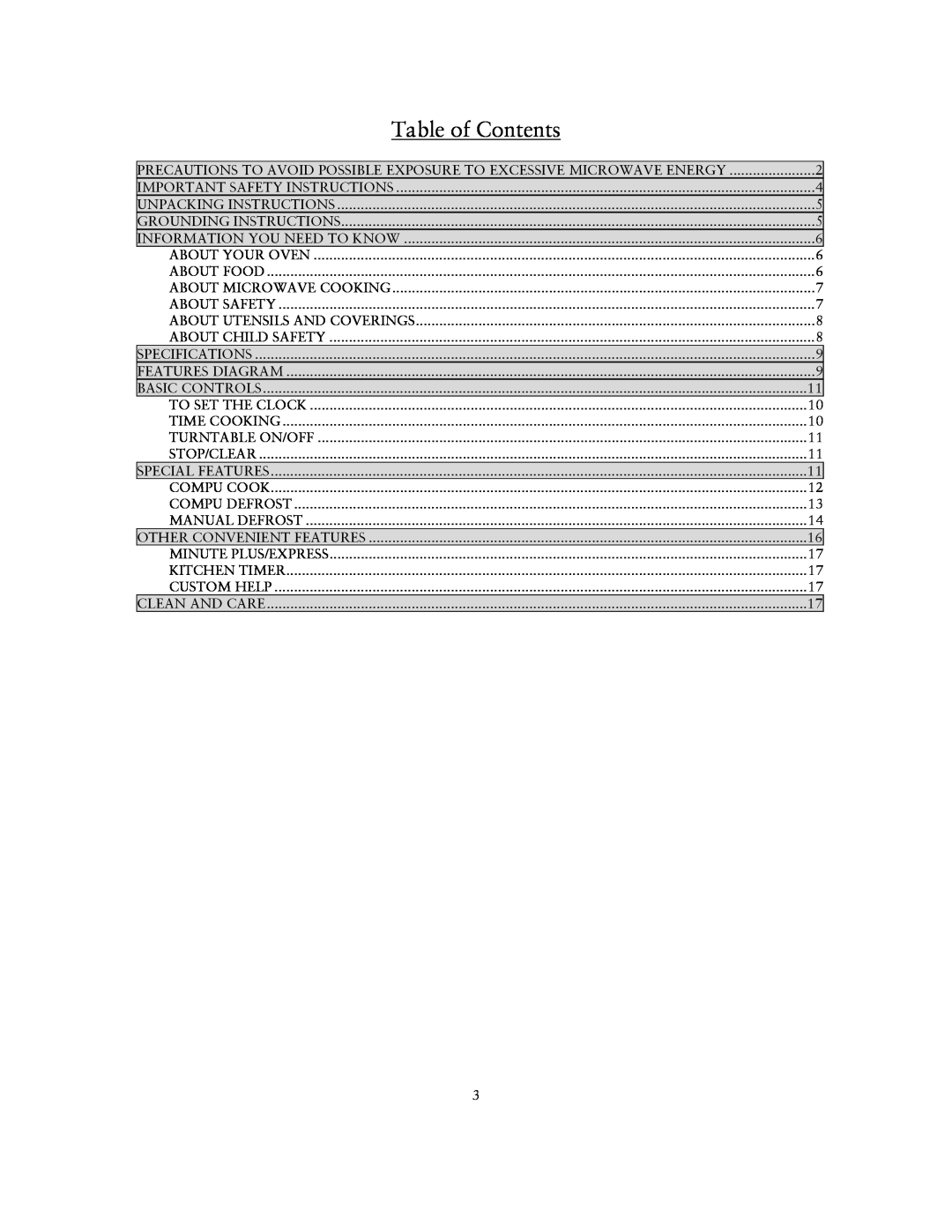 Sunbeam SNM1501RAX user manual Table of Contents 