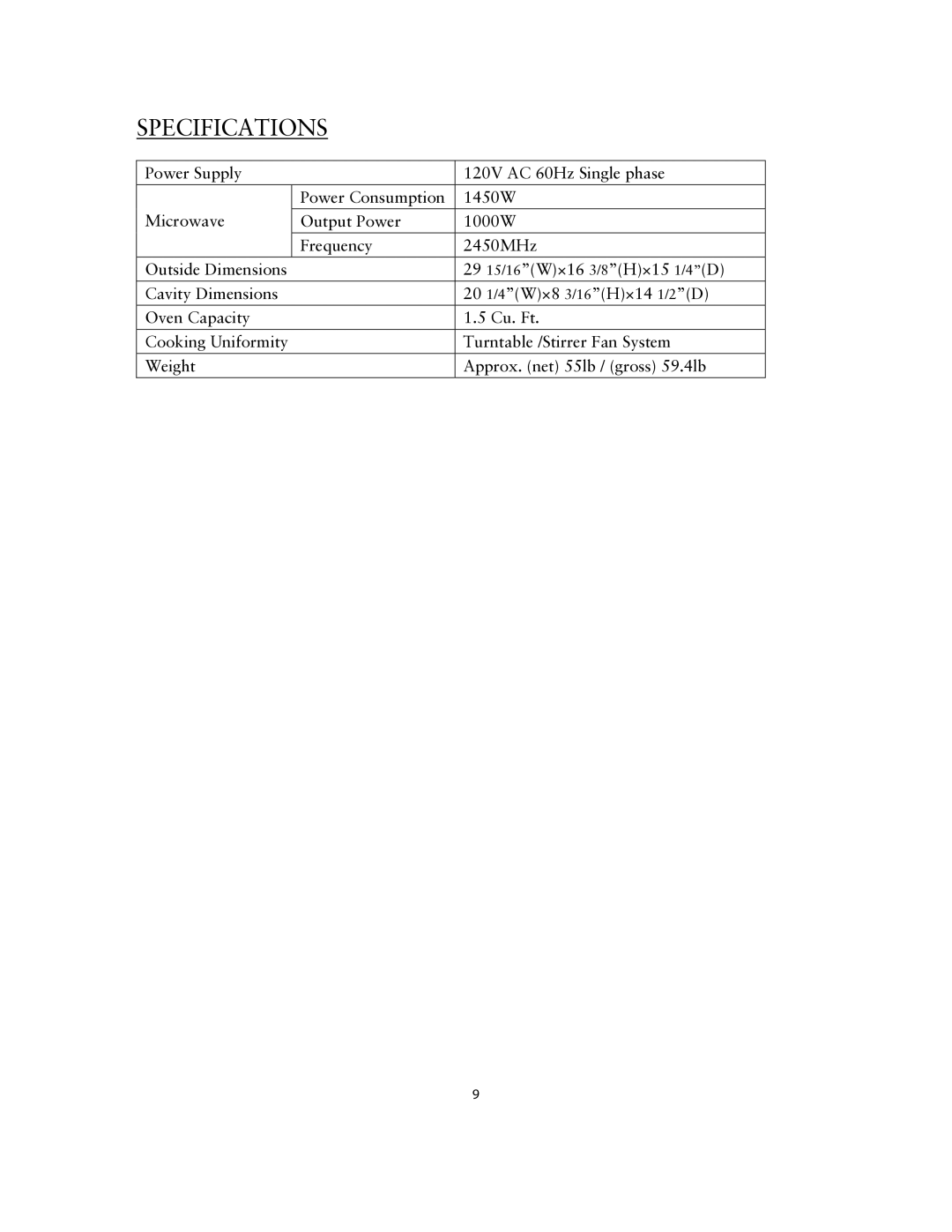 Sunbeam SNM1502RAS user manual Specifications 