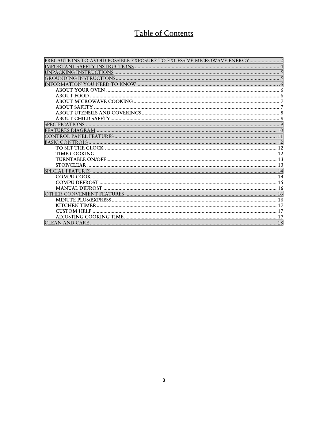 Sunbeam SNM1502RAS user manual Table of Contents, Precautions To Avoid Possible Exposure To Excessive Microwave Energy 