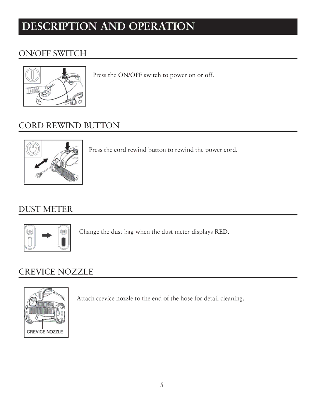 Sunbeam SNV11CBRB user manual ON/OFF Switch 