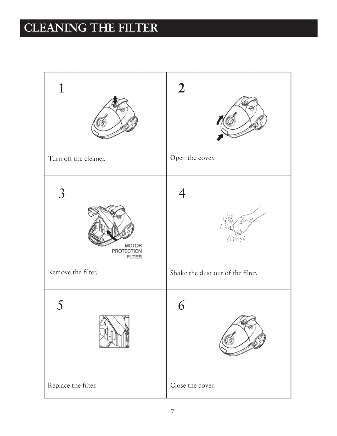 Sunbeam SNV11CBRB user manual Cleaning the Filter 