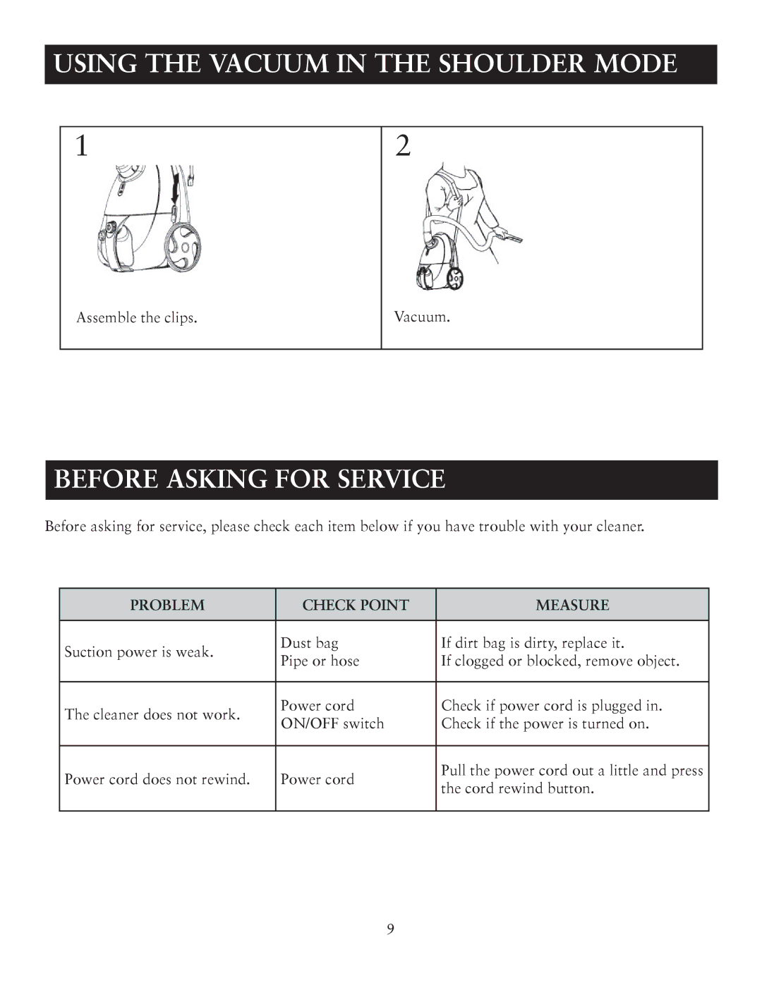 Sunbeam SNV11CBRB user manual Using the Vacuum in the Shoulder Mode, Before Asking for Service 