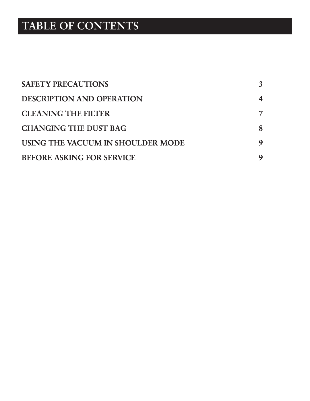 Sunbeam SNV11CBRB user manual Table Of Contents 