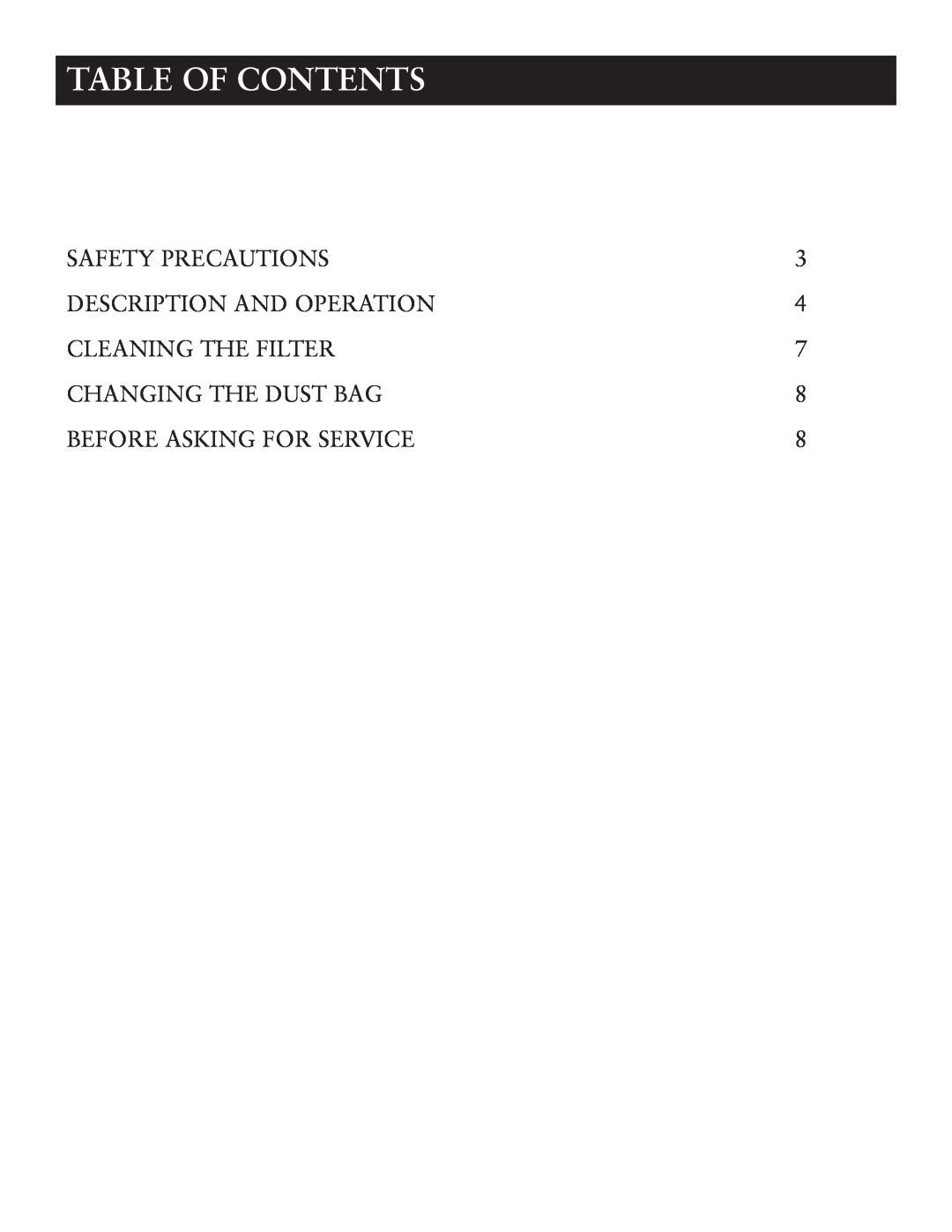 Sunbeam SNV12CBRB user manual Table Of Contents 