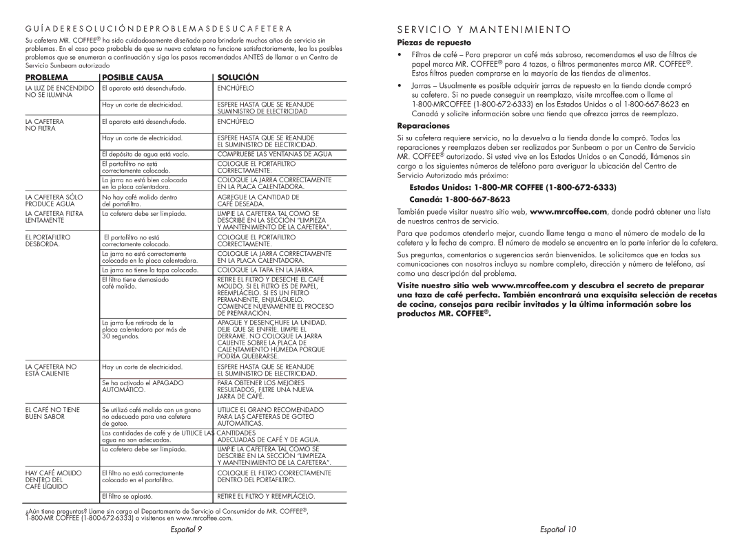 Sunbeam SPR-062609 user manual R v i c i o y m a n t e n i m i e n t o, Piezas de repuesto, Reparaciones 