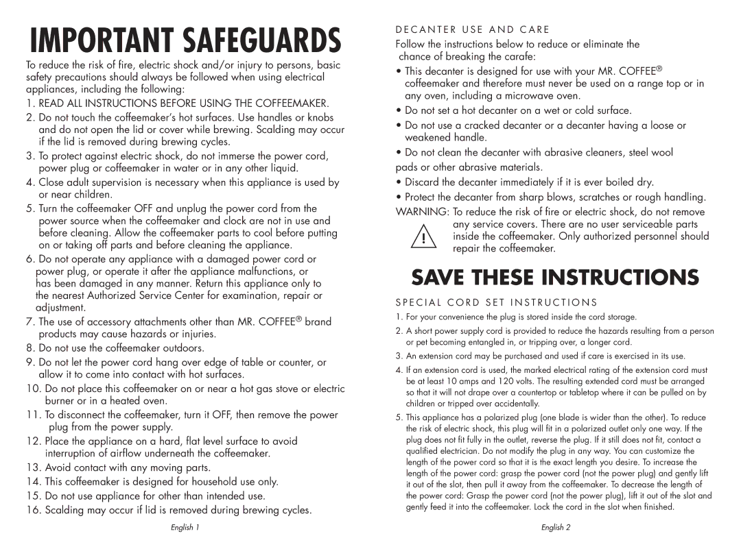 Sunbeam SPR-062609 user manual C a N T E R U S E a N D C a R E, E C I a L C O R D S E T I N S T R U C T I O N S 