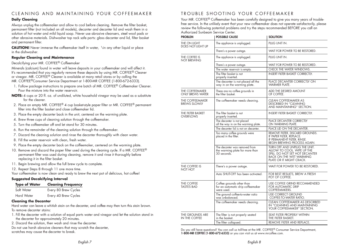 Sunbeam SPR-062609 Troubleshooting y o u r c o f f e e m a k e r, Daily Cleaning, Regular Cleaning and Maintenance 