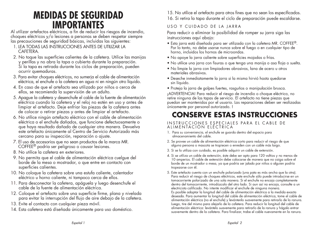 Sunbeam SPR-062609 user manual Medidas DE Seguridad Importantes, O Y C U I D a D O D E L a J a R R a 