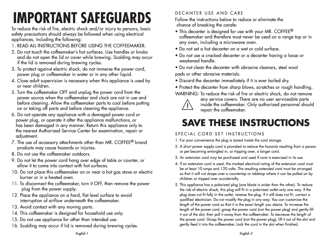 Sunbeam SPR-062609 user manual Important Safeguards, Save These Instructions 