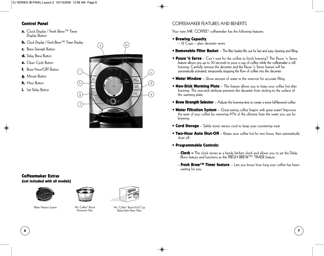 Sunbeam SPR-101006 user manual Control Panel, Coffeemaker Extras, Brewing Capacity, Programmable Controls 