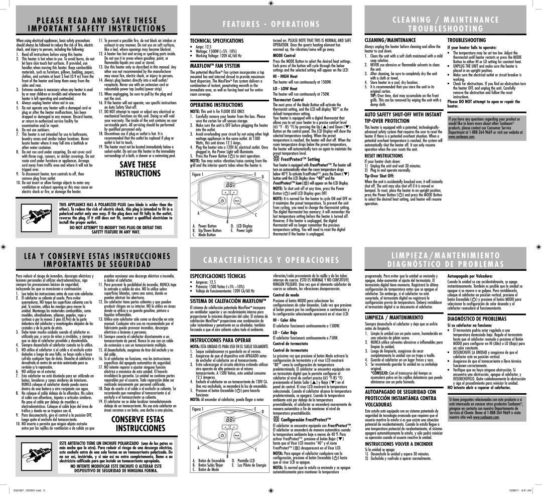 Sunbeam sqh357 warranty Technical Specifications, Maxflowtm FAN System, Operating Instructions, Cleaning/Maintenance 