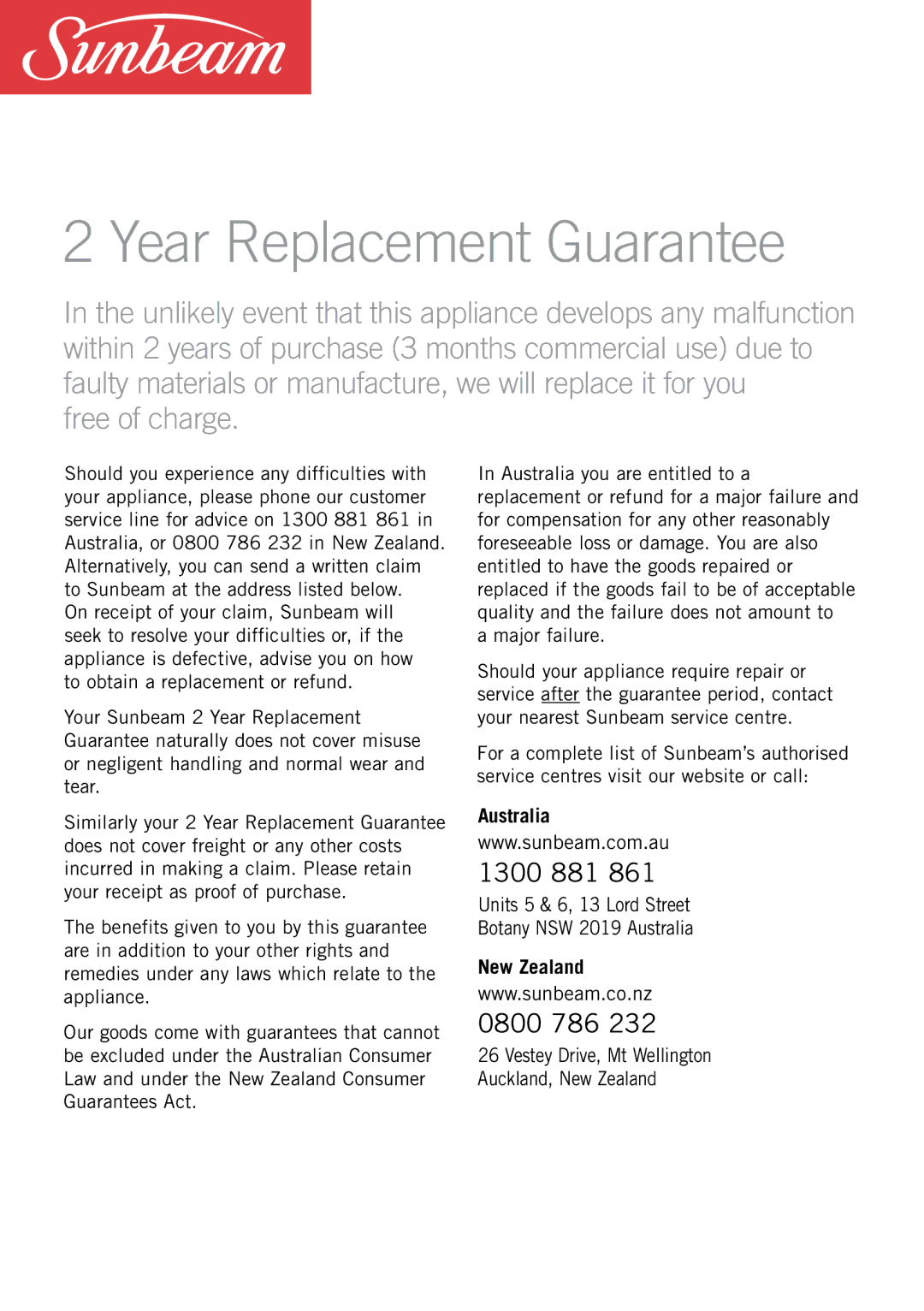 Sunbeam SR4250, SR4200, SR4100, SR4300 manual Year Replacement Guarantee, Australia, New Zealand 