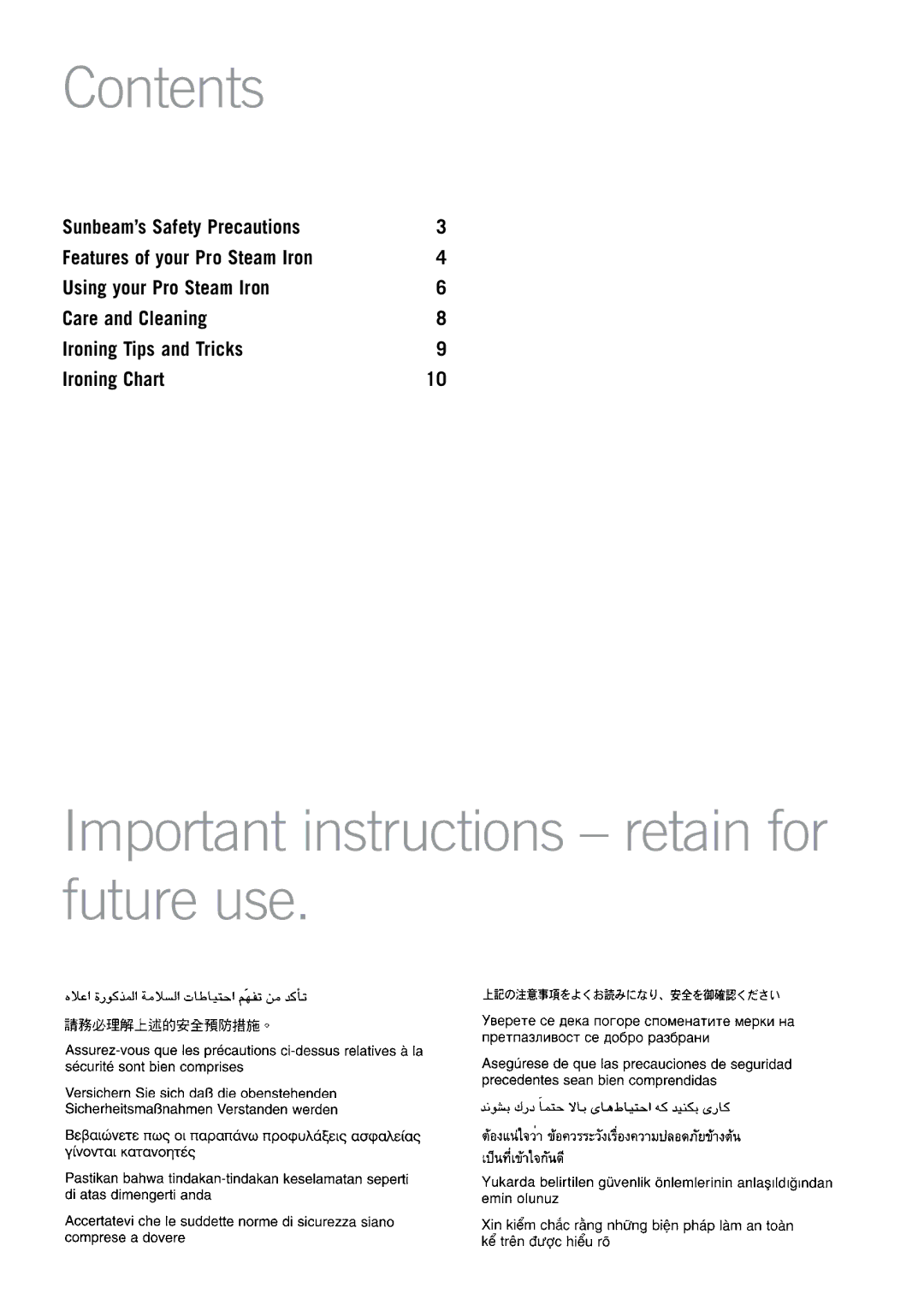 Sunbeam SR4300, SR4200, SR4100, SR4250 manual Contents, Important instructions retain for future use 