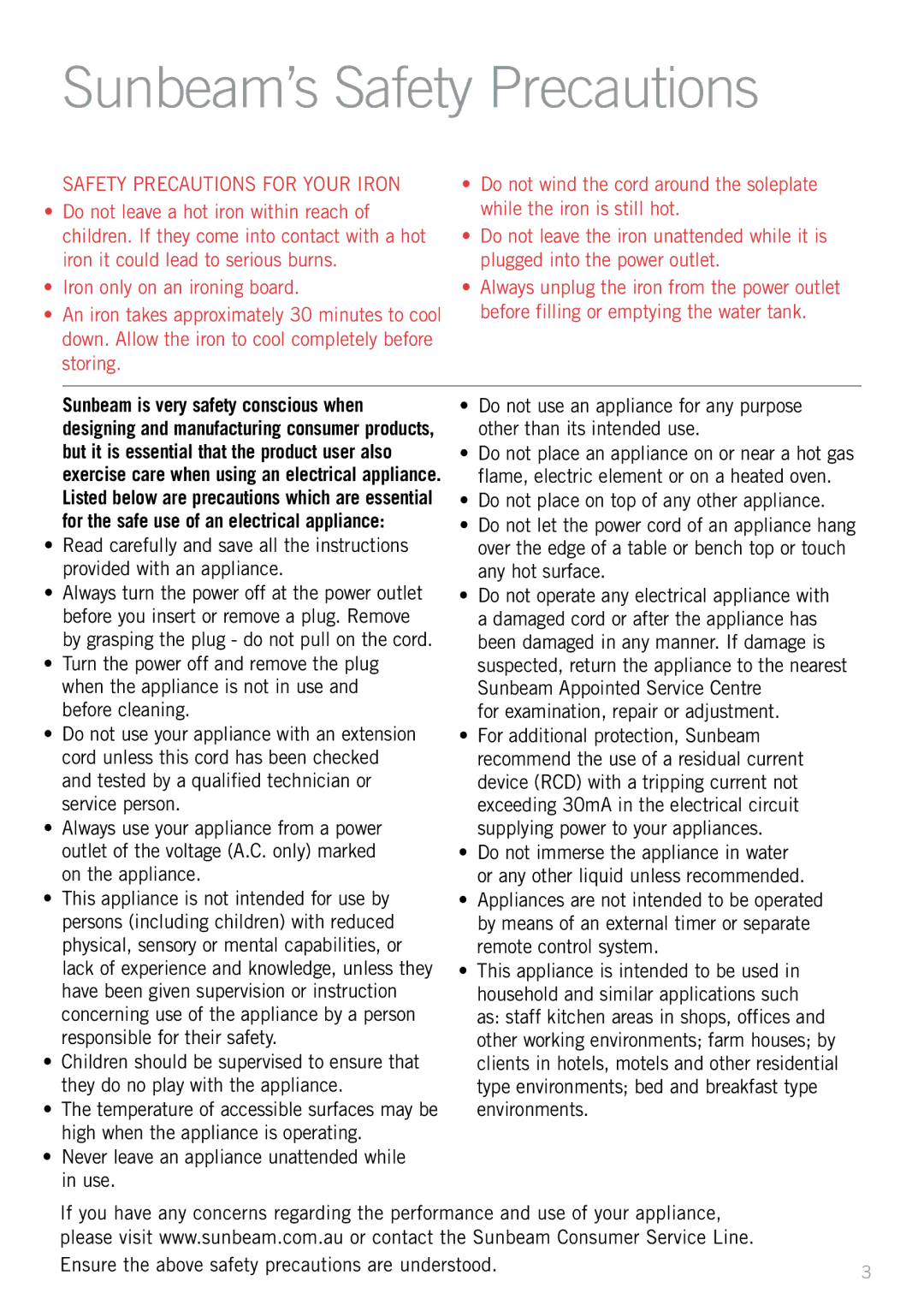 Sunbeam SR4250, SR4200, SR4100, SR4300 manual Sunbeam’s Safety Precautions, Safety Precautions for Your Iron 