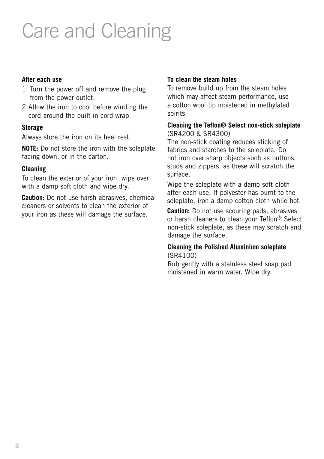 Sunbeam SR4200, SR4100, SR4300, SR4250 manual Care and Cleaning 