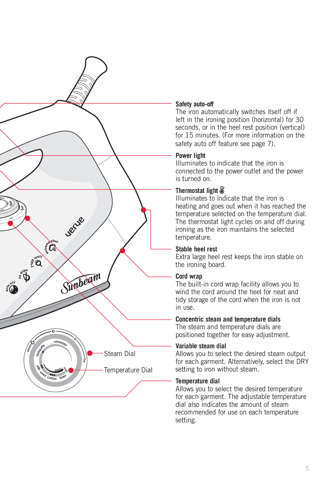 Sunbeam SR6565, SR6585 Safety auto-off, Power light, Thermostat light, Stable heel rest, Cord wrap, Variable steam dial 