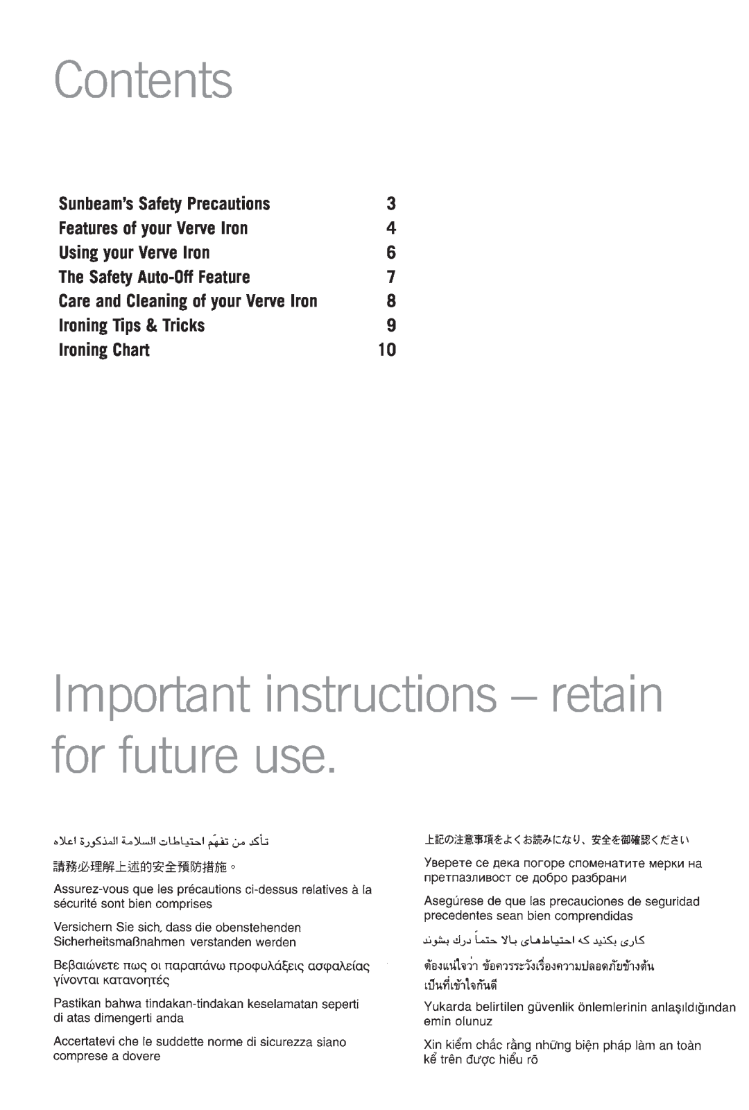 Sunbeam SR6565 manual Contents, Important instructions - retain for future use, Sunbeam’s Safety Precautions, Ironing Chart 