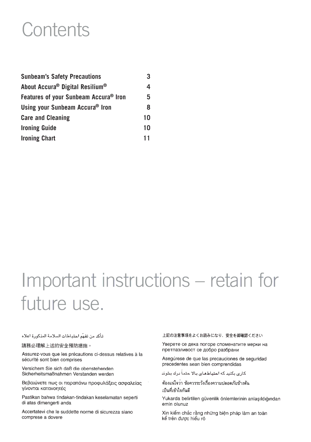 Sunbeam SR6900 manual Contents, Important instructions retain for future use 