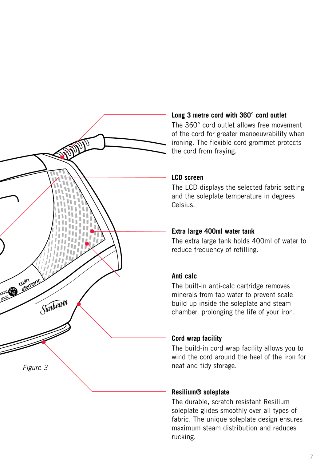 Sunbeam SR6900 manual Long 3 metre cord with 360 cord outlet, LCD screen, Extra large 400ml water tank, Anti calc 