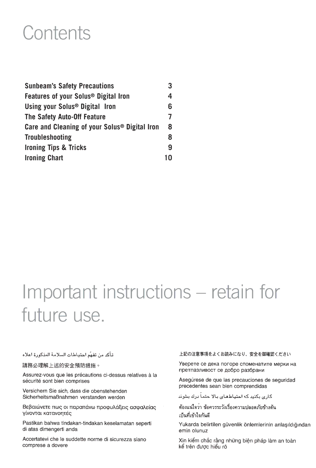 Sunbeam SR7000 manual Contents, Important instructions retain for future use 