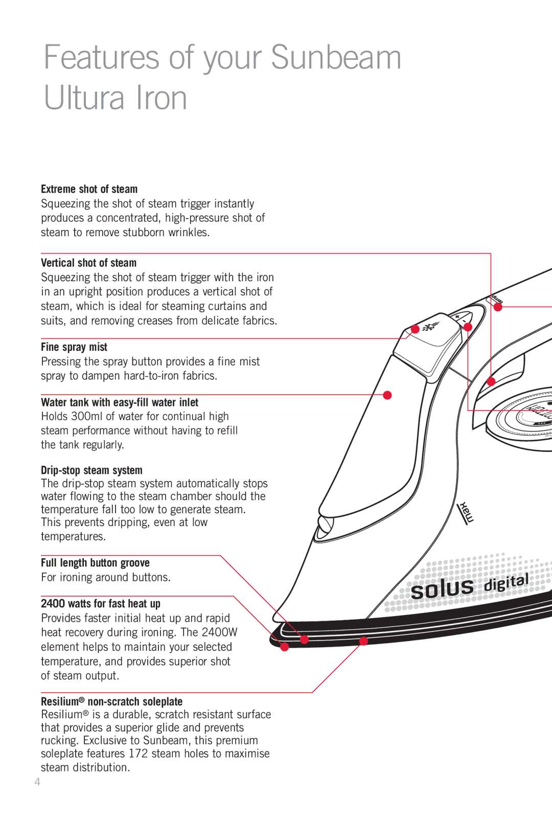 Sunbeam SR7000 manual Features of your Sunbeam Ultura Iron 