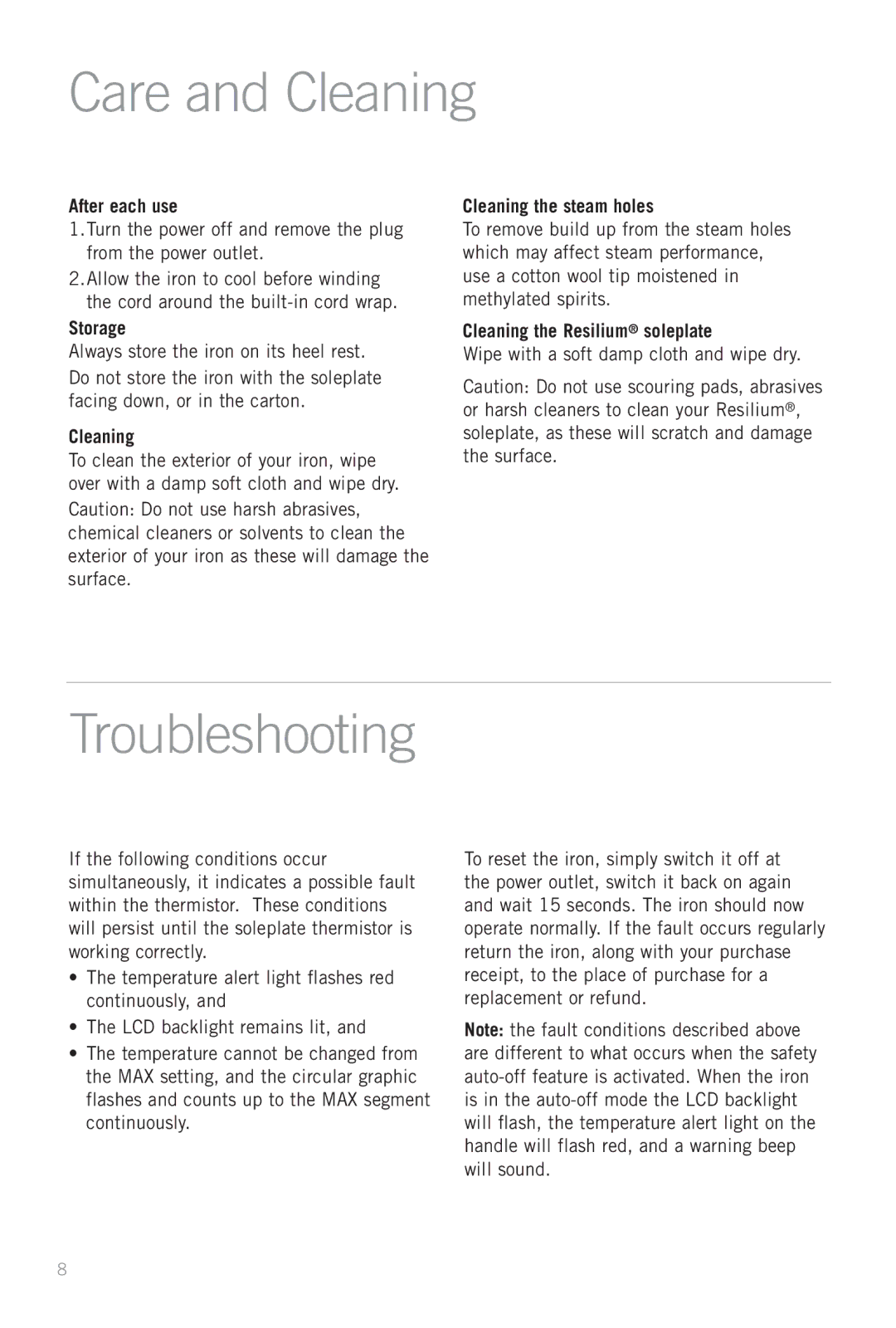 Sunbeam SR7000 manual Care and Cleaning, Troubleshooting 