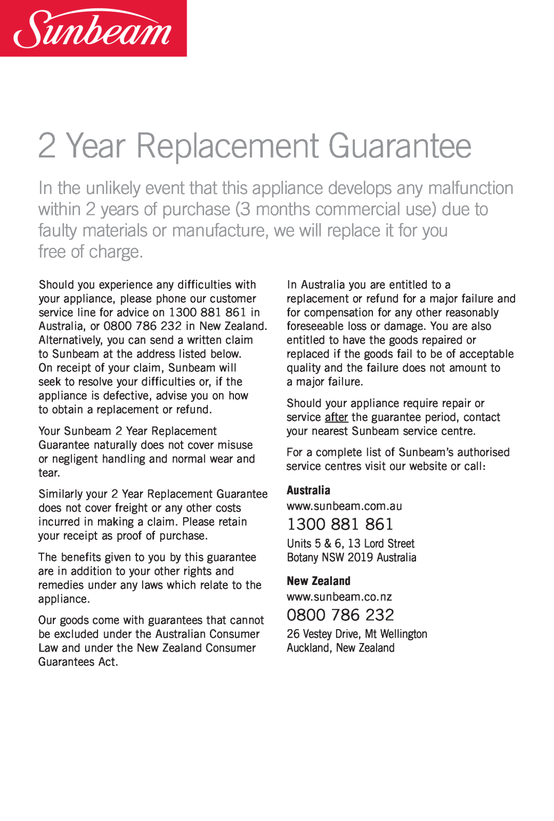 Sunbeam SR7000 manual 1300, 0800, Year Replacement Guarantee, free of charge, Australia, New Zealand 