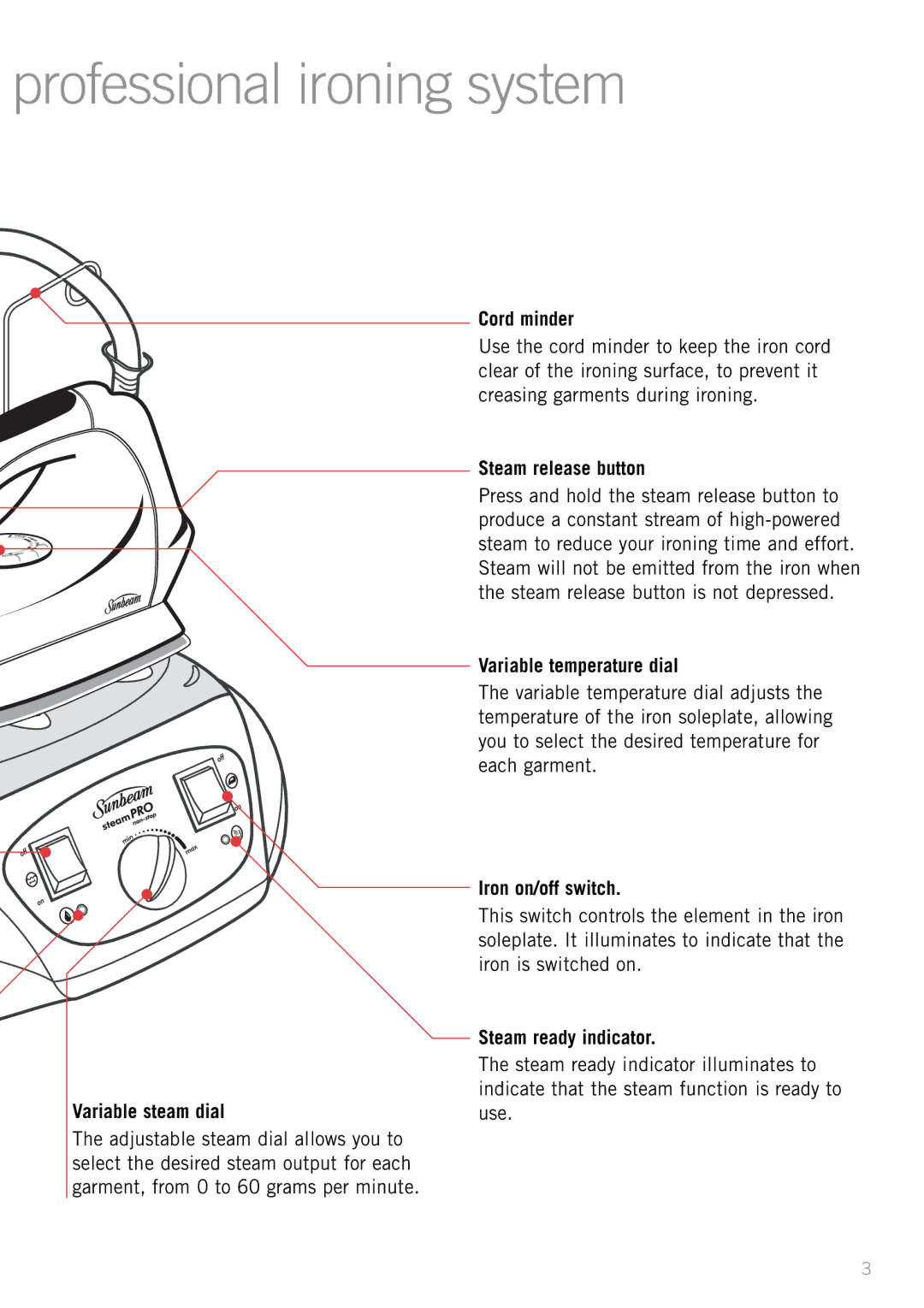 Sunbeam SR8500 manual Professional ironing system 