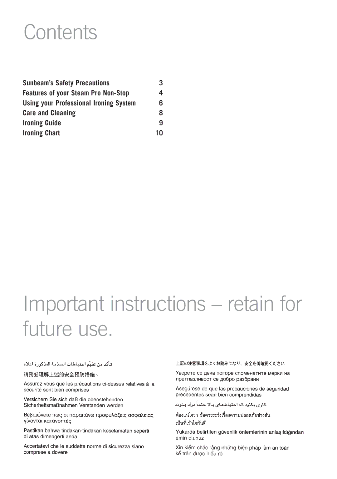 Sunbeam SR8600 manual Contents, Important instructions retain for future use 