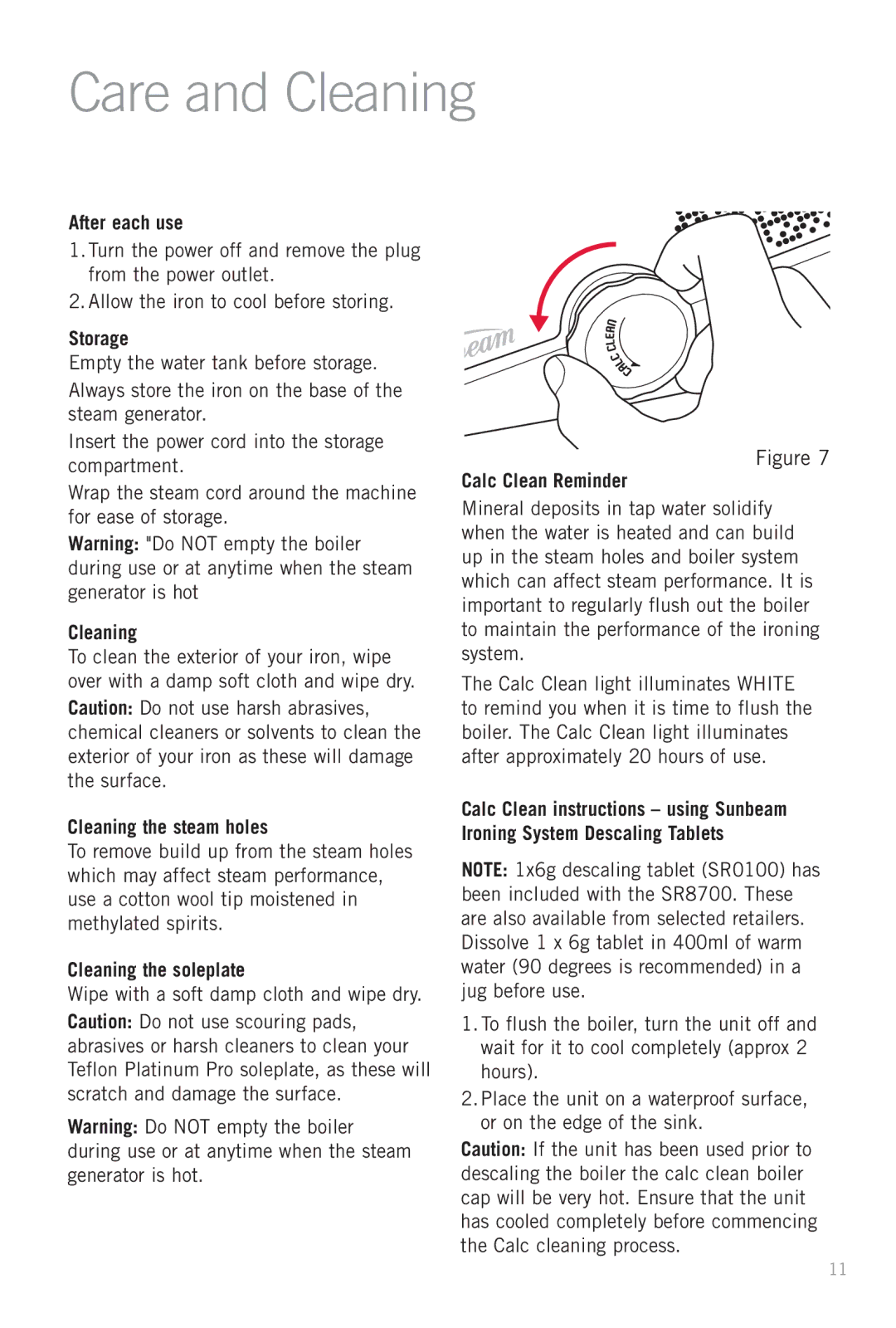 Sunbeam SR8700 manual Care and Cleaning 