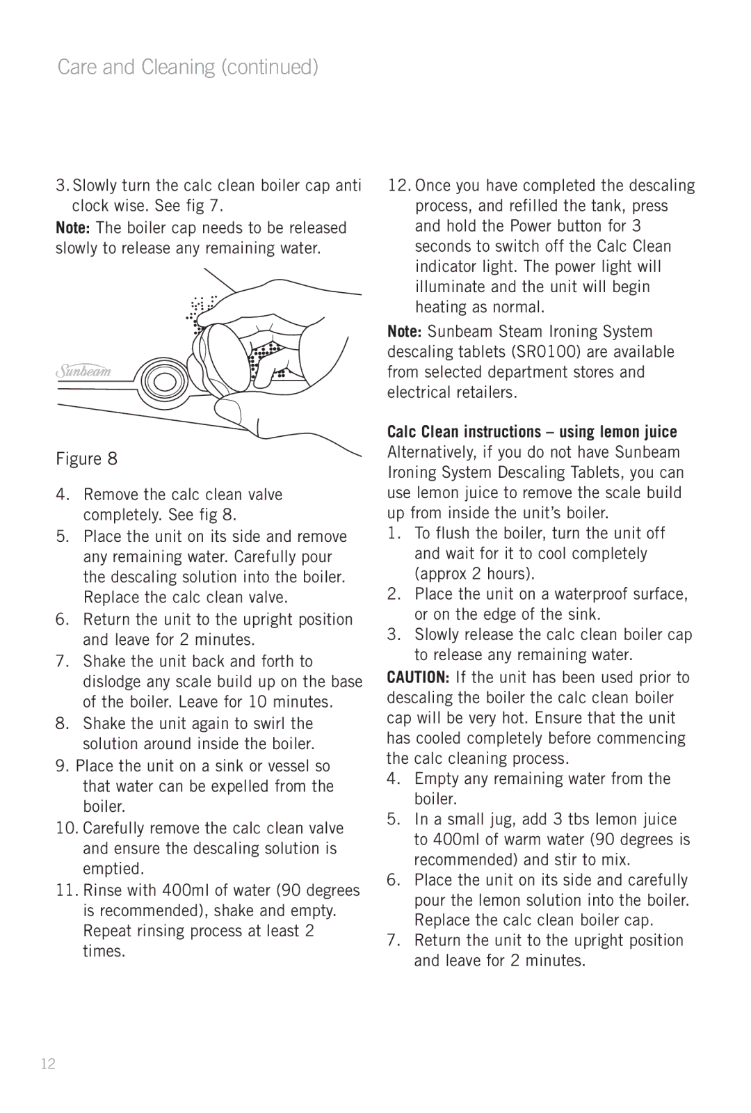 Sunbeam SR8700 manual Care and Cleaning 