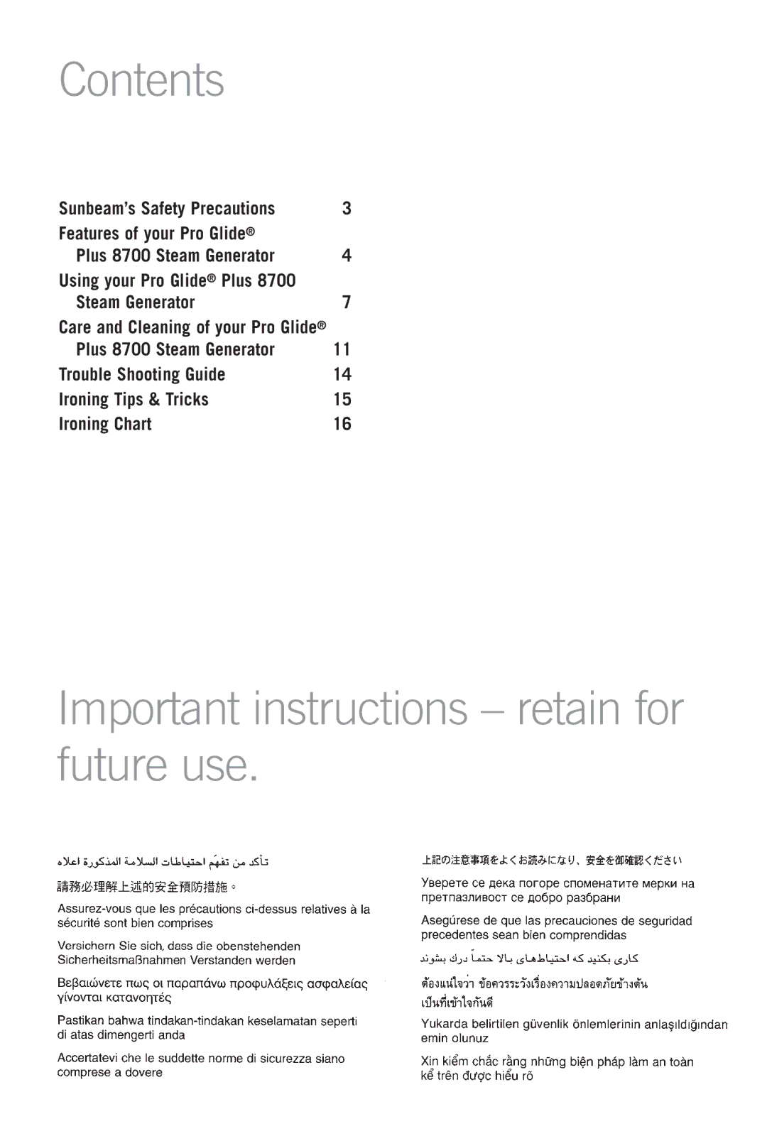 Sunbeam SR8700 manual Contents, Important instructions retain for future use 