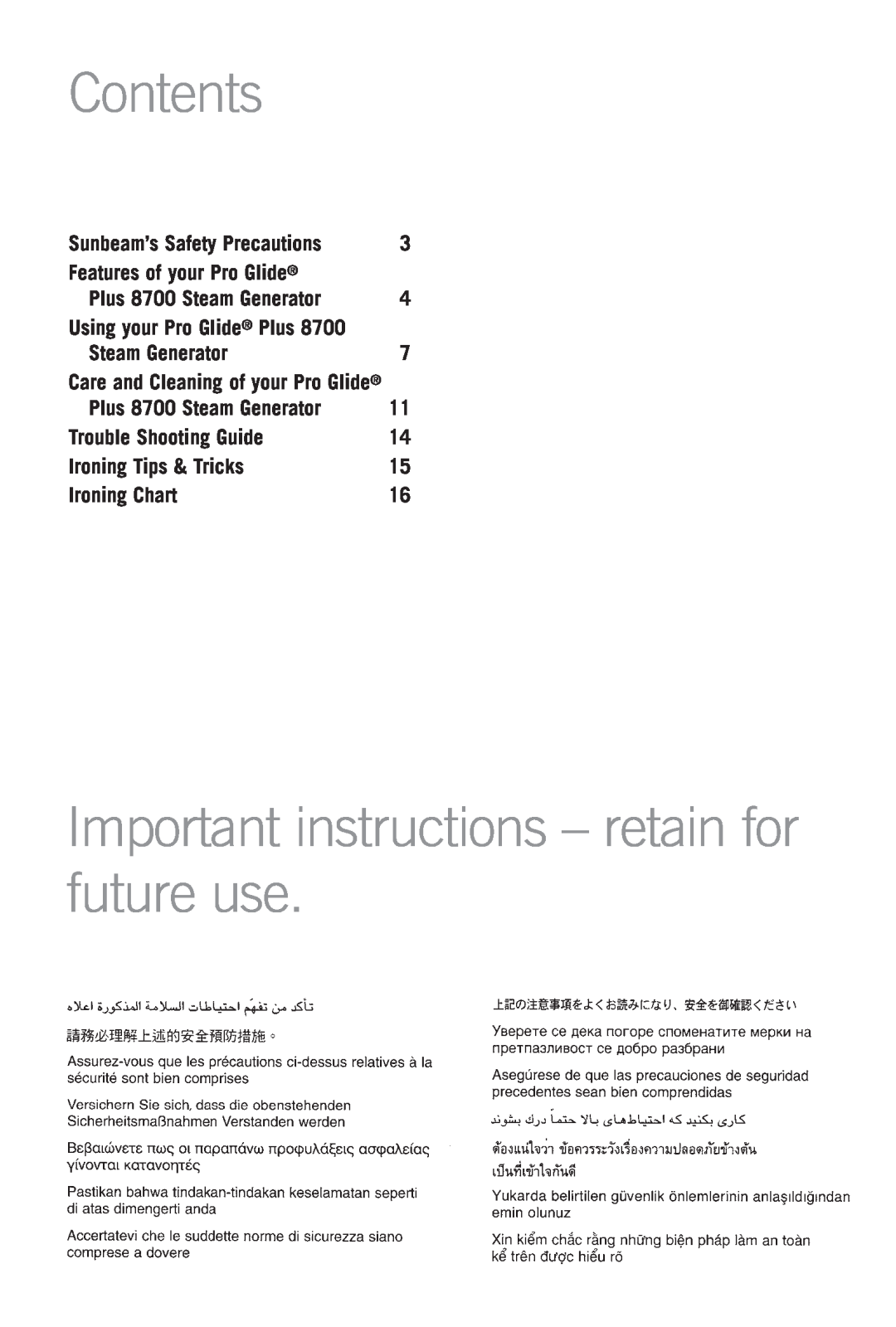 Sunbeam SR8700 Contents, Important instructions - retain for future use, Sunbeam’s Safety Precautions, Steam Generator 