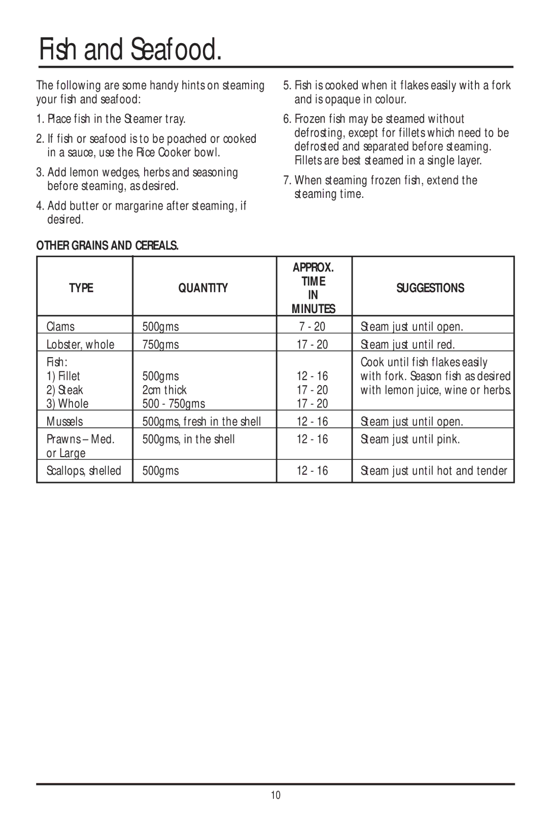 Sunbeam ST6600 manual Fish and Seafood, Other Grains and Cereals, Approx Type Quantity, Suggestions 