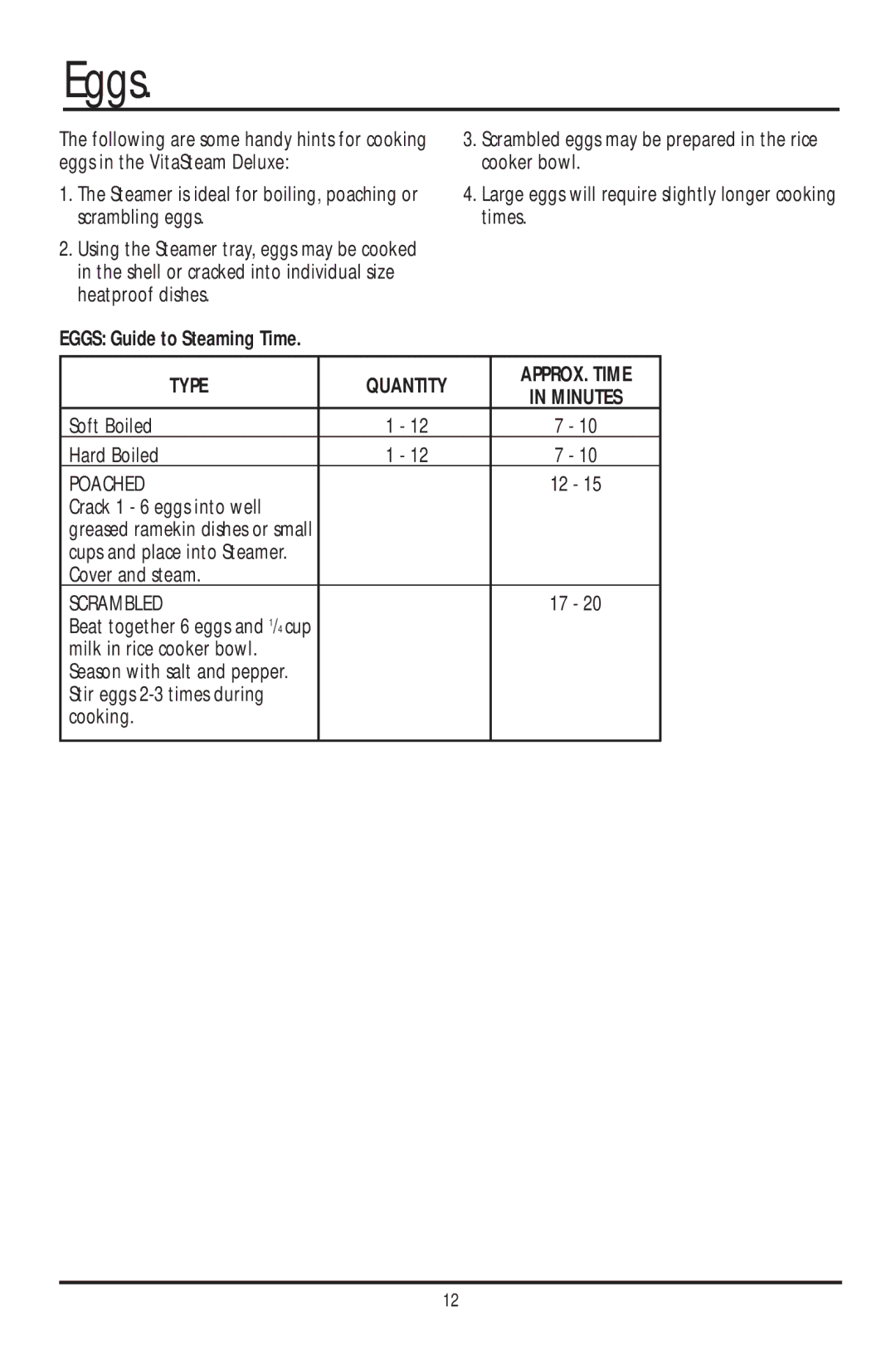 Sunbeam ST6600 manual Eggs Guide to Steaming Time, Type Quantity APPROX. Time 