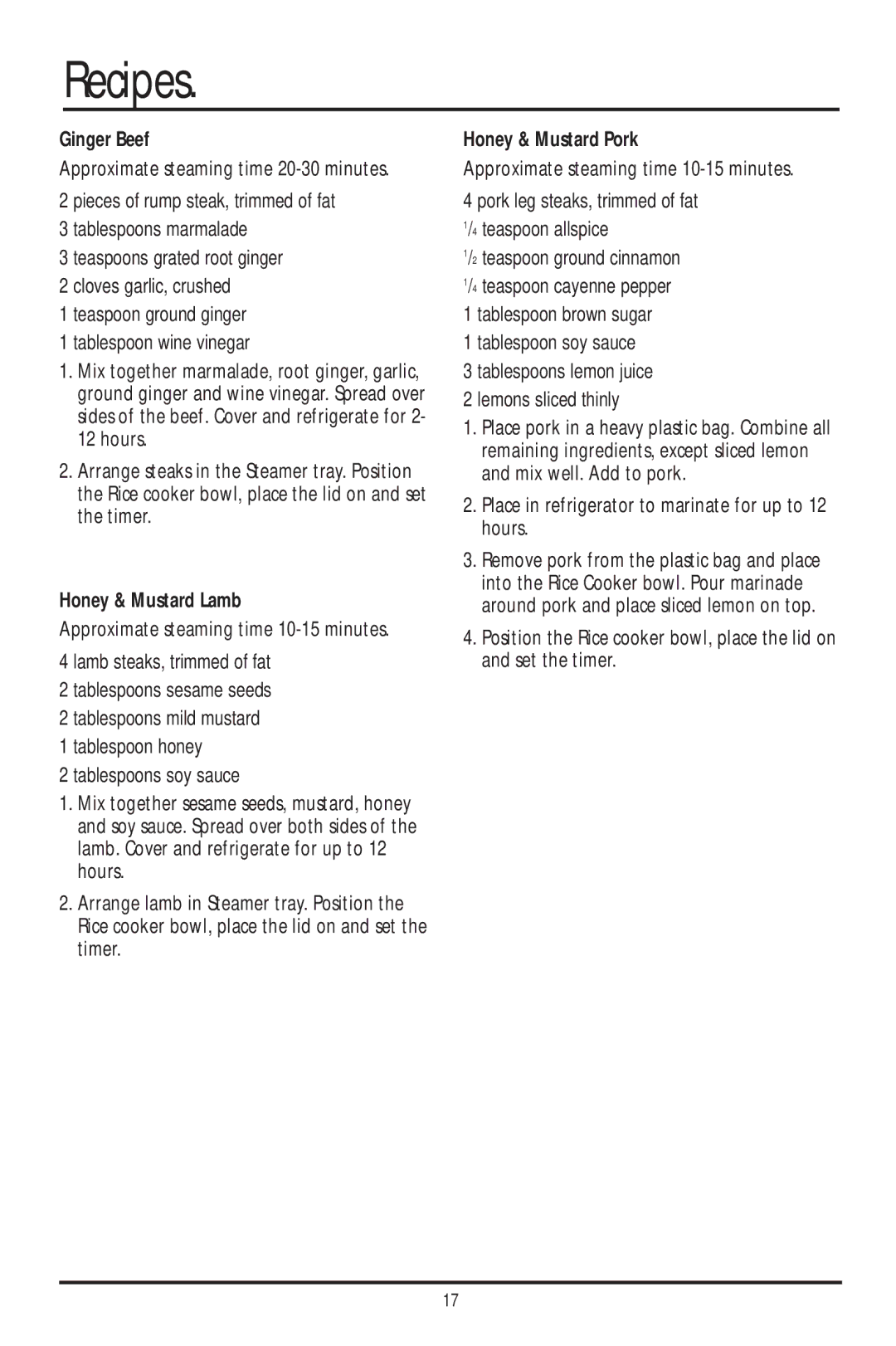 Sunbeam ST6600 manual Ginger Beef, Honey & Mustard Lamb, Honey & Mustard Pork 