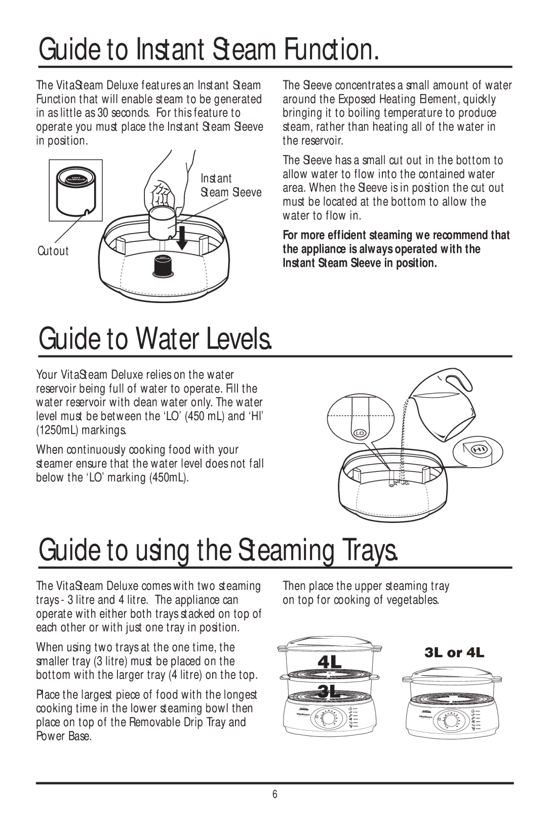 Sunbeam ST6600 manual Guide to Instant Steam Function, Guide to Water Levels, Guide to using the Steaming Trays 