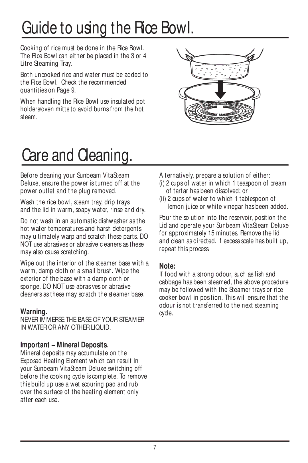 Sunbeam ST6600 manual Guide to using the Rice Bowl, Care and Cleaning, Wash the rice bowl, steam tray, drip trays 