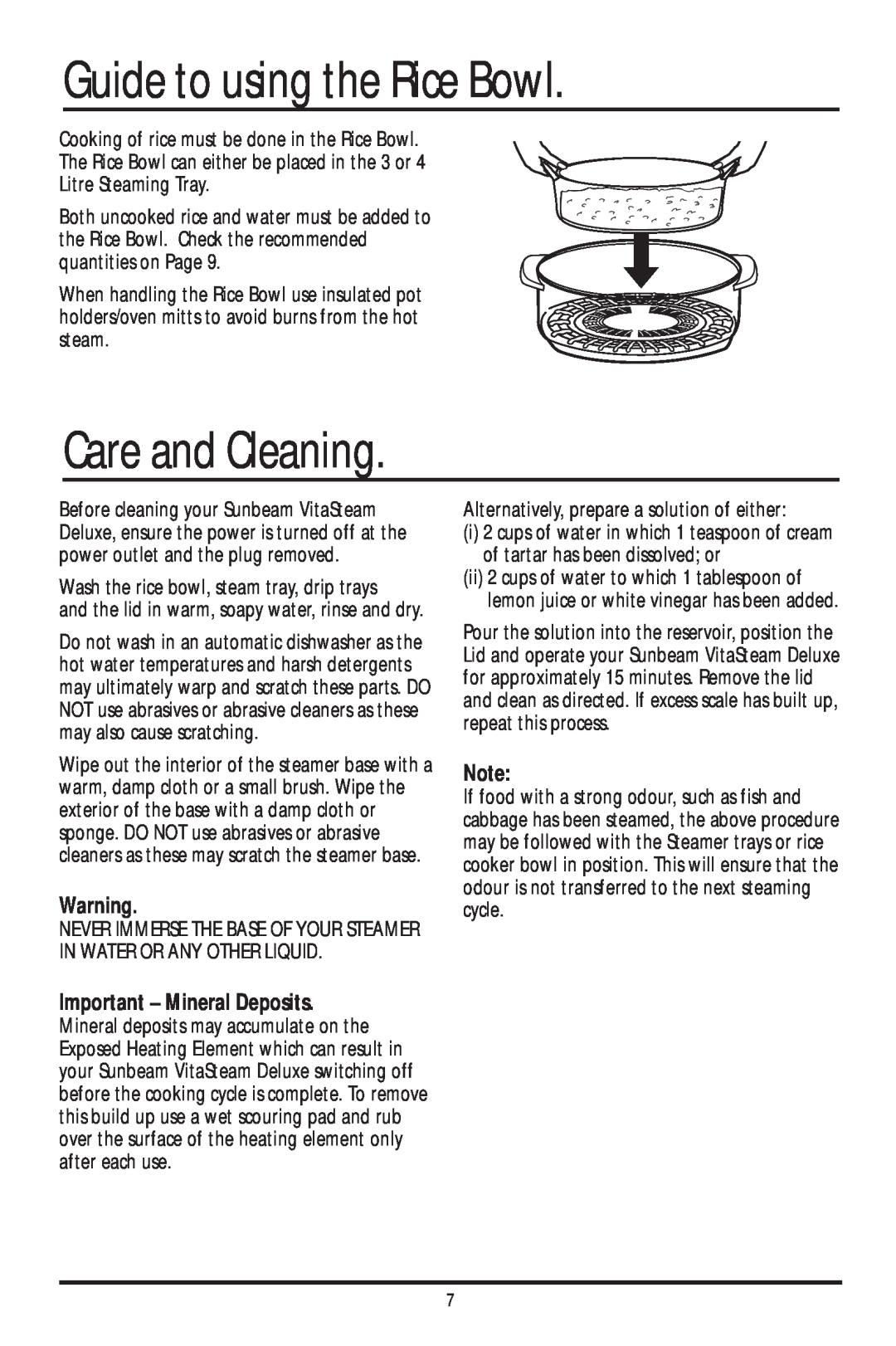 Sunbeam ST6600 manual Guide to using the Rice Bowl, Care and Cleaning, Important - Mineral Deposits 