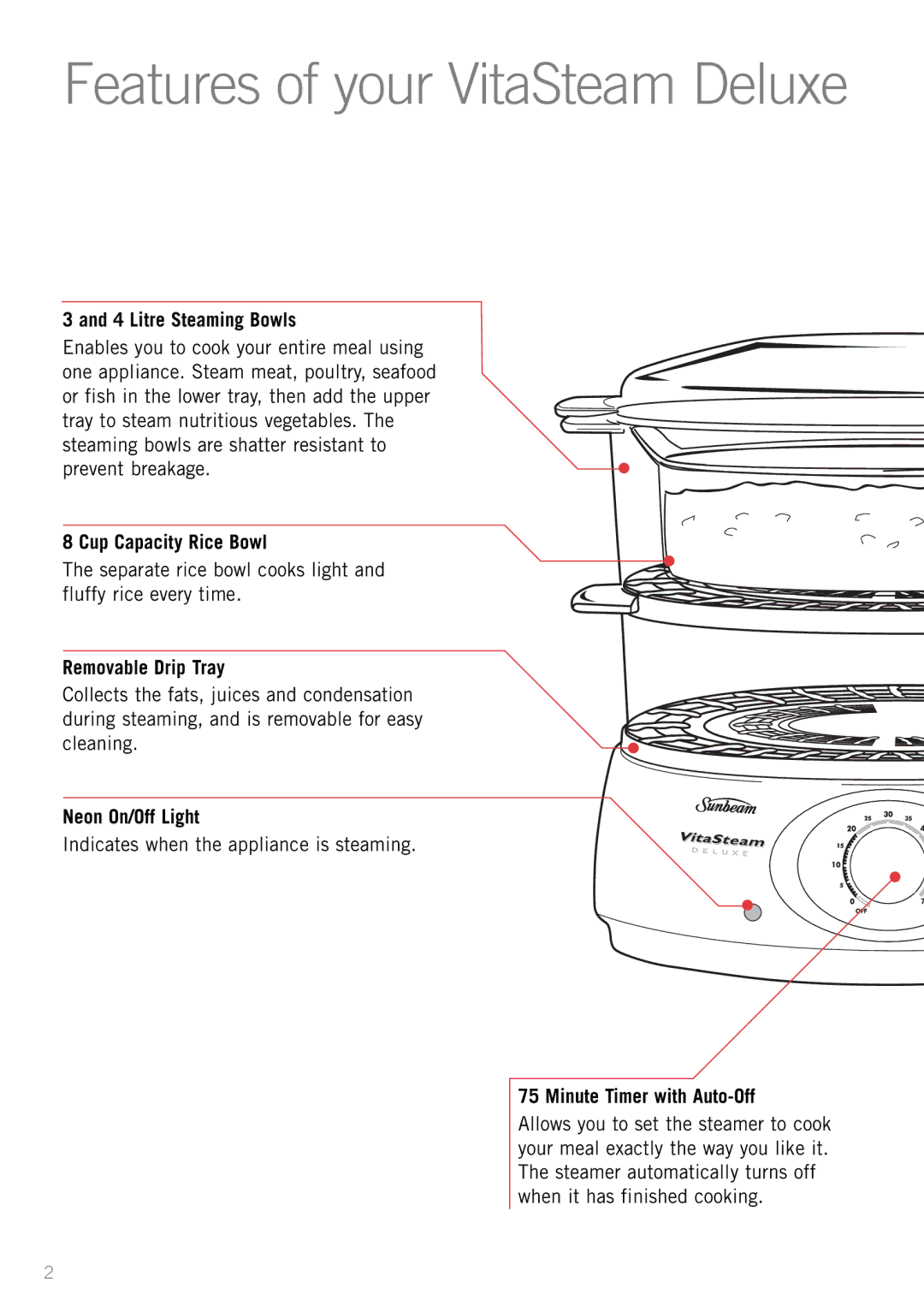 Sunbeam ST6610 manual Litre Steaming Bowls, Cup Capacity Rice Bowl, Removable Drip Tray, Neon On/Off Light 