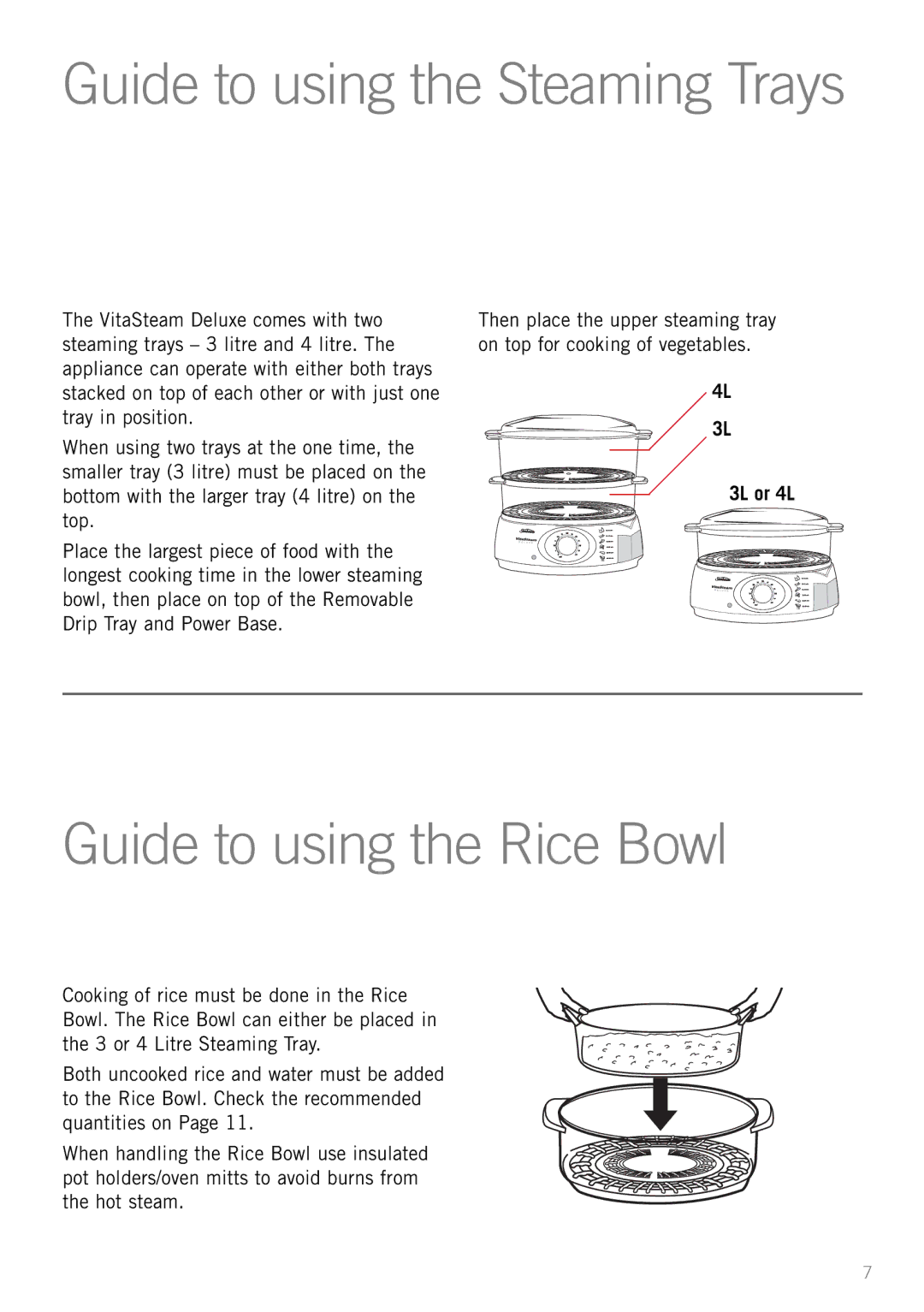 Sunbeam ST6610 manual Guide to using the Rice Bowl, 3L or 4L 