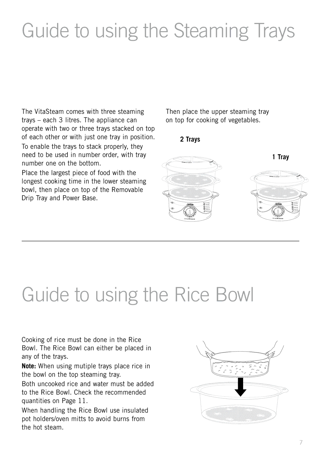 Sunbeam ST6650 manual Guide to using the Rice Bowl, Trays 