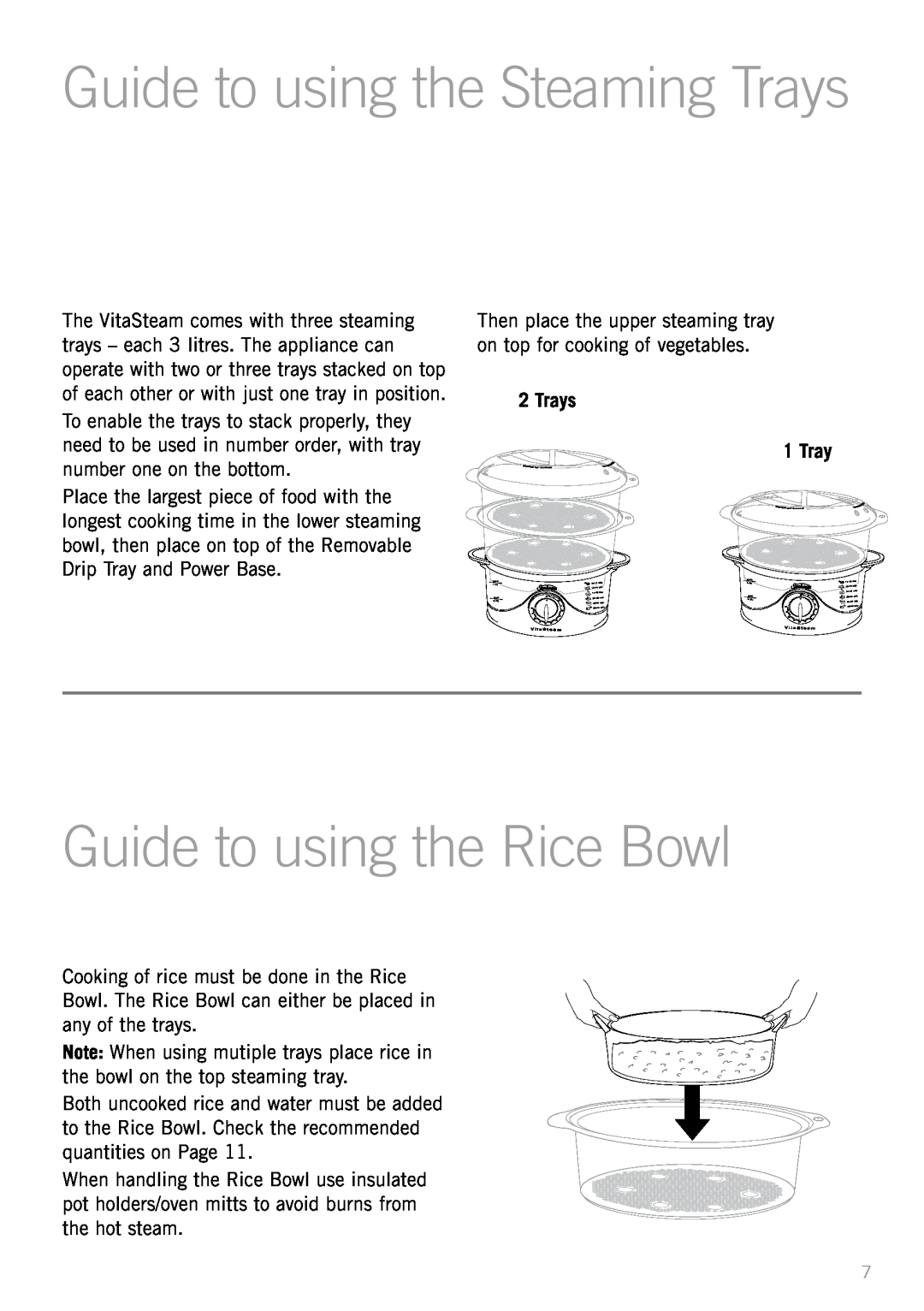 Sunbeam ST6650 manual Guide to using the Rice Bowl, Guide to using the Steaming Trays, Trays 1 Tray 