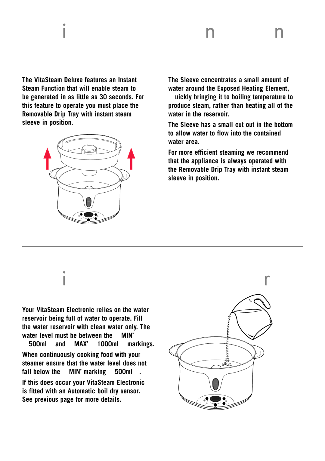 Sunbeam ST6810 manual Guide to Instant Steam Function, Guide to Water Levels 