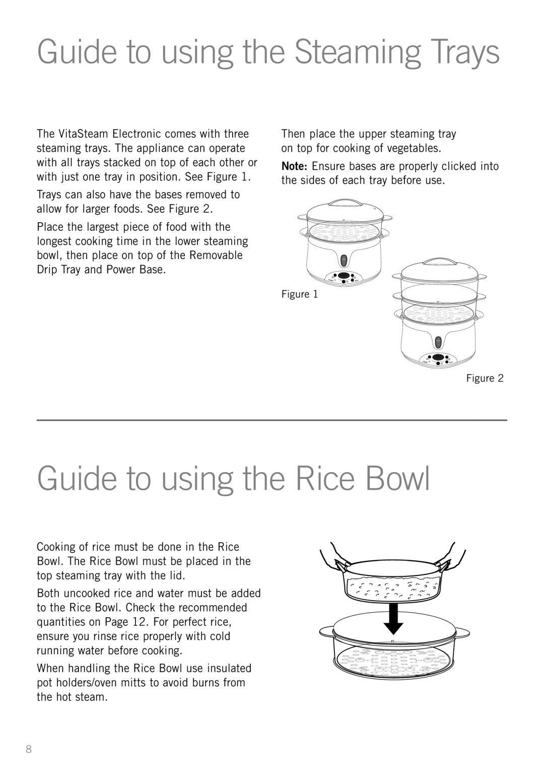 Sunbeam ST6810 manual Guide to using the Rice Bowl, Guide to using the Steaming Trays 